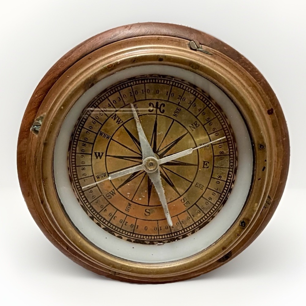 Antique Nautical Compass Wood Copper Coastal Nautical Ship Maritime Desk Staging